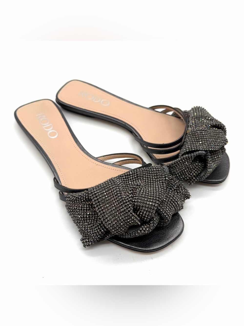 Rodo dressy flats with crystal bows black sparkly women’s size 39 Italy leather